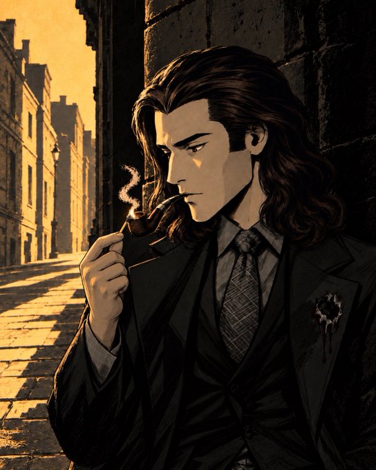 A stylized comic illustration shows a long-haired man in a dark suit smoking a pipe in a narrow, sunlit city street; no readable text appears in the image. The accompanying post references Marcus Aurelius and “Timeline,” loosely reinforcing an introspective, stoic mood, while also mentioning Pumpfun and gachas without visually depicting them.