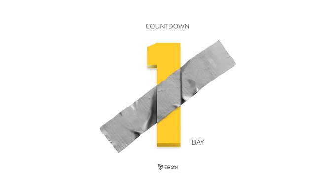 A countdown graphic displays a bold yellow "1" labeled "COUNTDOWN" above and "DAY" below, crossed out by a strip of gray duct tape, with the TRON logo at the bottom, symbolizing the one-day countdown to an announcement about EVM-based tooling support on the TRON network.