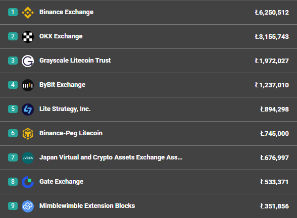 The image shows a table with various cryptocurrency names, including Bitcoin exchange, Litecoin exchange, and others. The largest cryptocurrency holder at the moment is Litecoin, as indicated by the data from litecoinregister.com. The post suggests that someone will be the first to surpass Binance in terms of LTC holdings.