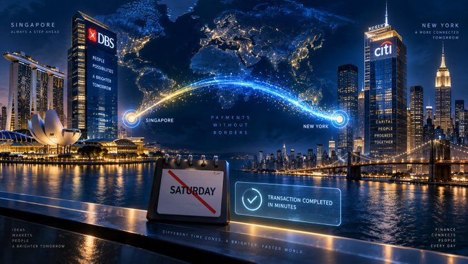 A promotional banner featuring DBS in Singapore and Citi in New York, highlighting 'PAYMENTS WITHOUT BORDERS' with a glowing connection line over a world map and 'TRANSACTION COMPLETED IN MINUTES'.