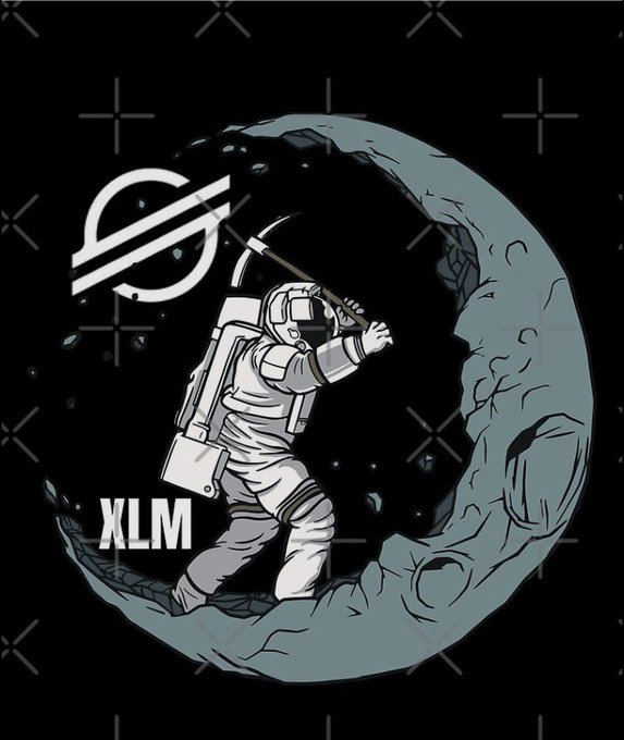 The image shows an astronaut mining or drilling on a gray moon set against a starry black background, featuring the Stellar (XLM) logo and "XLM" text. It visually represents the post's message of XLM quietly and diligently working "in the shadows" while XRP gets the hype, symbolizing Stellar's steady, hardworking nature preparing for an imminent breakout.
