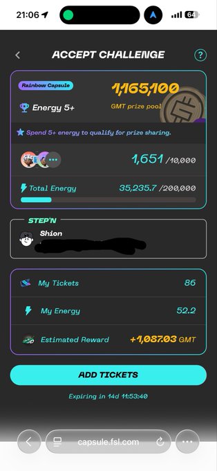 A STEPN app 'Accept Challenge' screen for the Rainbow Capsule showing an energy pool of 1,165,100 GMT, 86 tickets, 52.2 energy, and an estimated reward of +1,087.03 GMT.