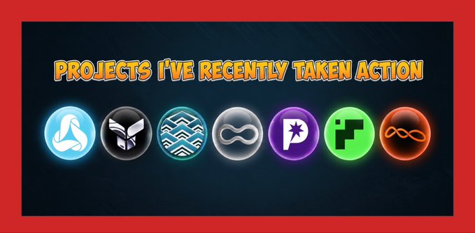 A colorful banner reads “PROJECTS I’VE RECENTLY TAKEN ACTION,” above seven glowing cryptocurrency-style project logos.