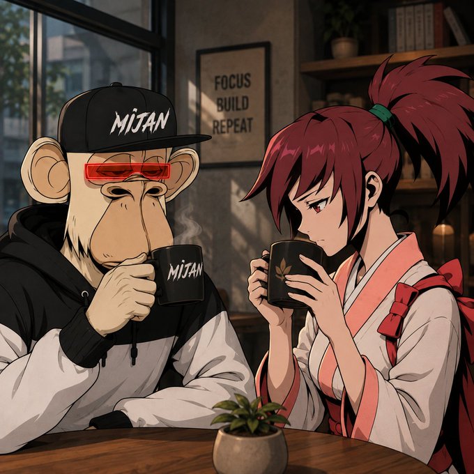 An anime-style illustration shows a monkey wearing a black cap and red sunglasses with "MIJIAN" on them, sitting beside a red-haired woman in a kimono, both drinking from mugs in a coffee shop with a "FOCUS BUILD REPEAT" poster.