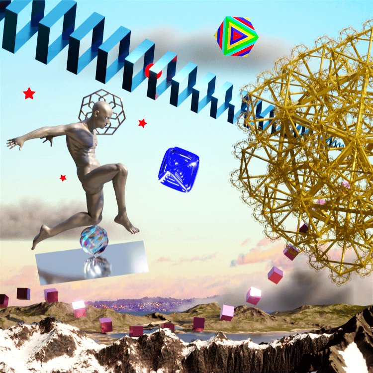The image features a surreal scene with a man, a giant blue crystal ball, and other objects such as a triangle, a cube, and a pyramid. The man appears to be jumping over these objects while holding onto a silver chain. The background of the image is filled with mountains and clouds, creating an atmosphere of mystery and wonder. The post about perception has been shared by someone named BAYC #5511 (@BAYC5511), who wrote: "Thank you so much for grabbing the last edition of»Perception«! Is amazing to see this piece in your collection!".