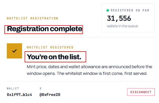 A successful whitelist registration confirmation for AKA Dot Fun (aka.fun), showing 31,556 wallets registered so far, with the wallet address 0x1f97...b1c4 now on the list alongside the X handle @0xFree20.