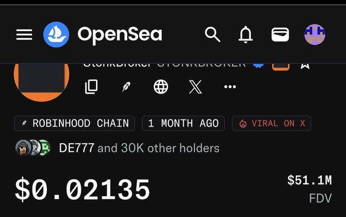 The image shows an OpenSea NFT/token listing for "STONKBROKER" on the Robinhood Chain, priced at $0.02135 with a $51.1M fully diluted valuation (FDV), 30K+ holders, and tagged as "Viral on X." This ties directly into the post celebrating $STONKBROKER's community hype while teasing its upcoming launch on the MancerXYZ DEX as the next major milestone.