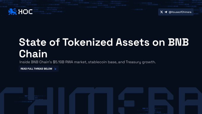 House of Chimaera thread cover titled "State of Tokenized Assets on BNB Chain," highlighting BNB Chain's $5.19B RWA market, ~$17B stablecoin supply, and $199.3B 30-day stablecoin volume in its rise to the #2 spot behind Ethereum.