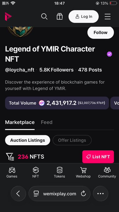 A mobile screenshot of the wemixplay.com NFT marketplace page for 'Legend of YMIR Character NFT' by @loycha_nft, displaying a Total Volume of 2,431,917.2 and 236 NFTs.