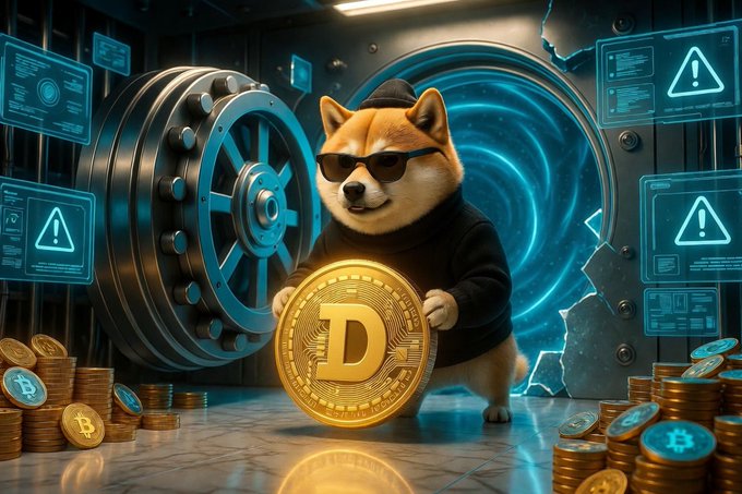 A Shiba Inu dog wearing sunglasses and a black hoodie holding a large golden coin with a 'D' (Dogecoin) symbol, standing in front of a giant bank vault door surrounded by stacks of cryptocurrency coins and holographic warning displays.
