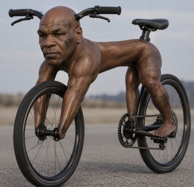 The image shows an AI-generated, surreal depiction of Mike Tyson's head and muscular body fused onto a bicycle, with his face forming the front frame and tattooed muscular limbs serving as the bike's structure. It relates to the post about a "Bike Tyson" Solana meme coin account being suspended on Twitter due to massive interest, humorously visualizing the viral nature of the meme that's holding strong despite the social media setback.