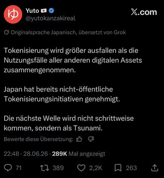 The image shows a tweet from "Yuto @yutokanzakireal" stating that tokenization will be massive and predicting a "tsunami" wave, which aligns with the post's theme of "lifeboats" and unseen future "payoffs."
