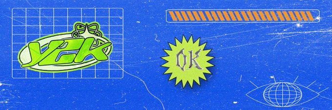 A blue textured graphic with retro design elements featuring a green oval sticker reading 'YES!', a yellow starburst sticker reading 'OK', and a grid pattern in the background.