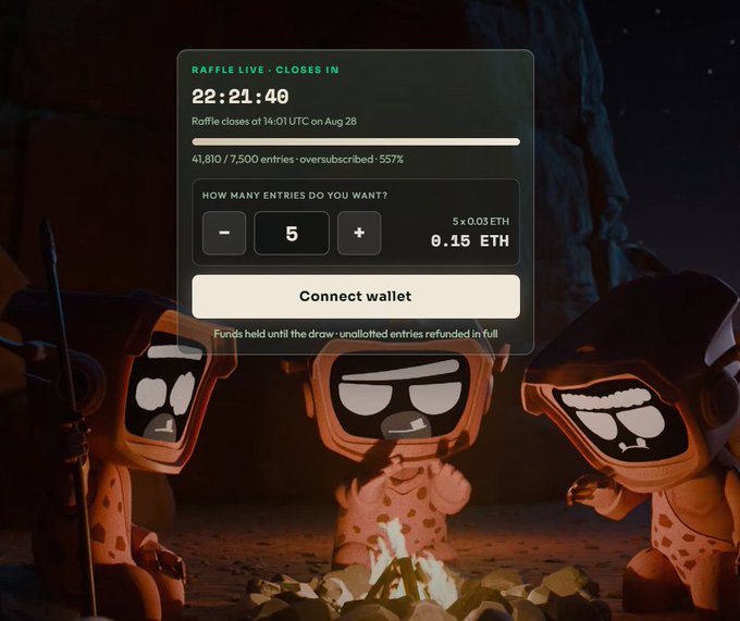A digital raffle interface overlaid on cartoon characters around a campfire, showing 'RAFFLE LIVE - CLOSES IN 22:21:40', '41,810 / 7,500 entries · oversubscribed · 557%', and a 'Connect wallet' button for 5 entries at 0.15 ETH.