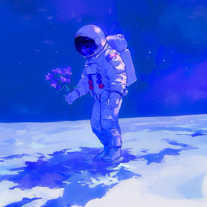 The image features an astronaut standing on a snowy surface, holding flowers in their hands. The astronaut appears tired from their journey through space. The post about the artist's work can be found at the bottom of the image.