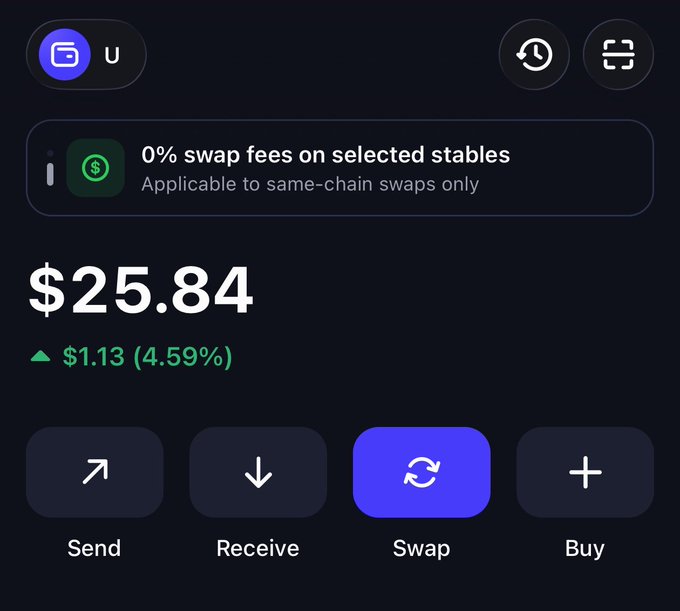 A digital wallet interface displays a balance of $25.84 with a $1.13 (4.59%) increase, offering simple options of Send, Receive, Swap, and Buy. The 0% swap fees banner and minimalist four-button layout reinforce the post's message that wallets should stay simple rather than overcomplicated.