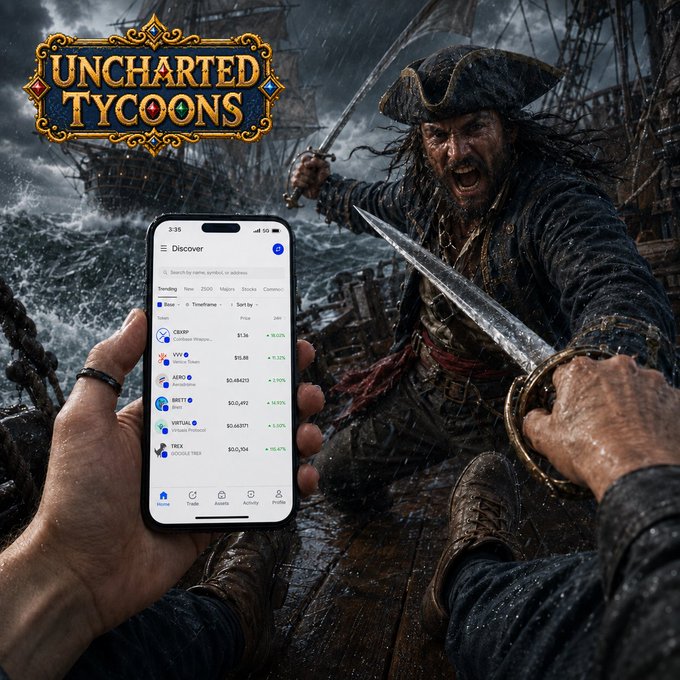 A promotional graphic for "Uncharted Tycoons" showing a pirate attacking on a stormy sea, with a hand in the foreground holding a smartphone displaying a crypto trading app listing tokens like XRP, AERO, BRETT, and TRX.
