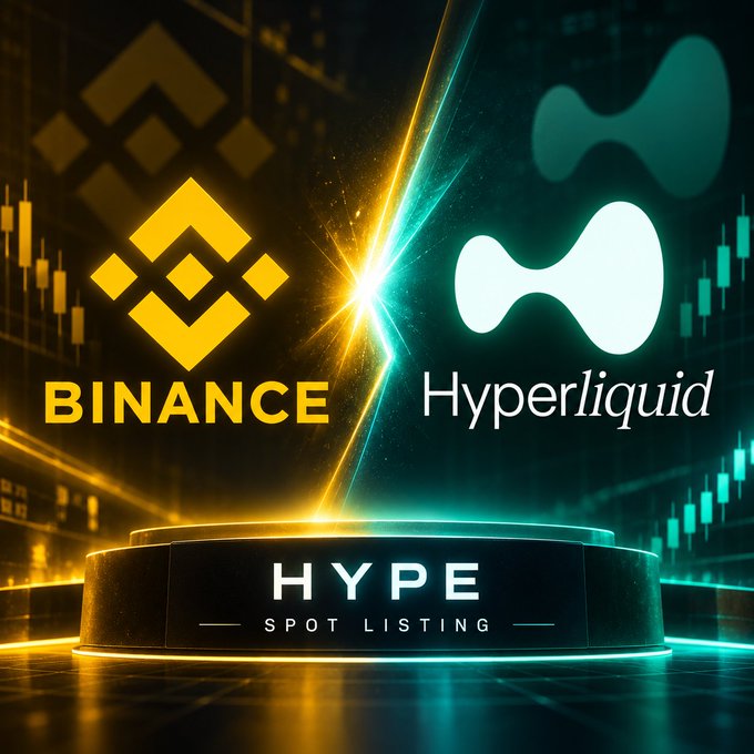 A promotional graphic announcing Binance's spot listing of Hyperliquid (HYPE), featuring the Binance and Hyperliquid logos separated by a bright burst above a podium displaying "HYPE SPOT LISTING" against a candlestick chart backdrop.