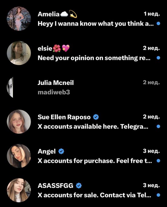 A Telegram chat list showing messages from various users including 'Amelia', 'elsie', 'Julia Mcneil', 'Sue Ellen Raposo', 'Angel', and 'ASASSFGG', with several offering X (Twitter) accounts for sale via Telegram.