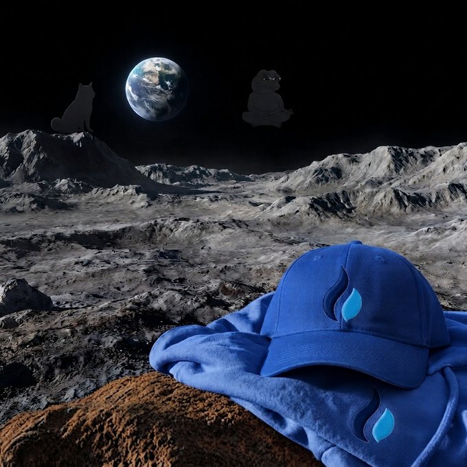 A blue baseball cap and matching hoodie rest on a mound of rust-colored soil in the foreground, set against a stark lunar landscape with Earth glowing in the black sky, while faint silhouettes of a cat and a meditating frog appear in the background—embodying the calm, introspective "Muted Messages. Mission Mode." vibe of quiet focus amid cosmic solitude.