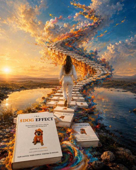 A person walks up a staircase made of books titled "The $DOG Effect," ascending into a vibrant, colorful sky at sunset—symbolizing the journey to financial freedom that $DOG represents as the answer. A promotional banner at the bottom advertises a fair launch with fixed supply, forever on Bitcoin, reinforcing the meme coin's value proposition.