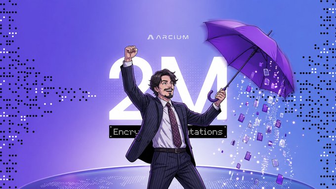 A cartoon figure in a suit triumphantly holds a purple umbrella that catches falling encrypted cards and pixels, with the text "ARCIUM" and "2M Encrypted Computations" displayed prominently in the background, visually celebrating the milestone of 2 million encrypted computations.