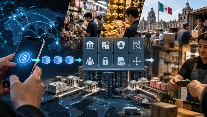 A collage-style image depicting global finance and trade, showing a smartphone with a dollar sign, global network lines, a Mexican market, government buildings, and a person using a device, centered around icons for finance, security, and logistics.