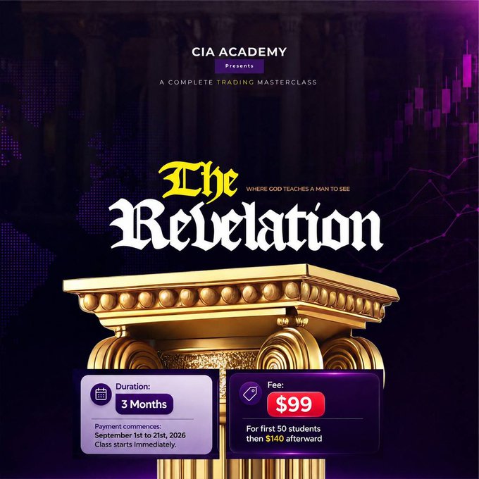 This image is a promotional flyer for "CIA Academy" presenting "The Revelation — A Complete Trading Masterclass," featuring a golden ornate pedestal with text indicating a 3-month duration with payment starting September 1st-21st, 2026, and a $99 fee for the first 50 students. The post highlights two trader phases—farming (signal-dependent, surface-level trading) and mining (deeper skill acquisition)—and the flyer represents the "mining phase" by offering structured, in-depth masterclass training beyond mere signal-fed trading.