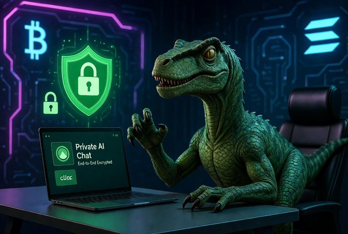 The image features a green dinosaur sitting at a desk with a laptop computer open in front of it. The dinosaur appears to be interacting with the laptop screen, possibly posing as if it were a person. The background includes a neon sign that says "Ethereum" and another neon sign that reads "Binance". The image also contains text that suggests the presence of private AI chat rooms or services on Solana, which could potentially be used for sensitive questions without revealing personal information.