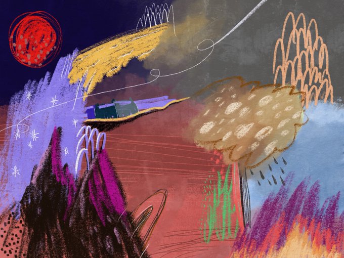 A vibrant abstract digital artwork features a red circular celestial body in the upper left, swirling cloud-like forms, and bright streaks of purple, yellow, and orange that evoke a surreal landscape, fitting the piece's title "Railrider" as a dynamic, otherworldly scene.