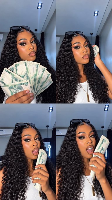 A woman with long curly hair poses in four photos fanning out and holding stacks of $100 bills, with sunglasses perched on her head. The image fits the "gm frens, touch grass today" post by playfully showcasing a flex of cash as a fun morning greeting to followers.