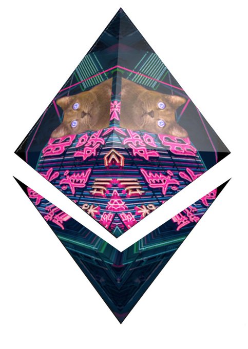 A digital artwork featuring the Ethereum logo shape containing a symmetrical, psychedelic image of a kitten with glowing eyes surrounded by pink graffiti-style lettering.