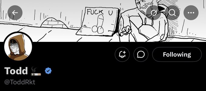 The image shows a Twitter profile for "Todd" (@ToddRkt) with a verified blue checkmark, featuring a sketch-style banner of a character pointing at a handwritten sign reading "FUCK U." This crude, confrontational banner matches the aggressive tone of the post announcing an "Early find 777 ETH Freemint GL," which uses slang ("GL" meaning good luck) common in NFT minting communities.