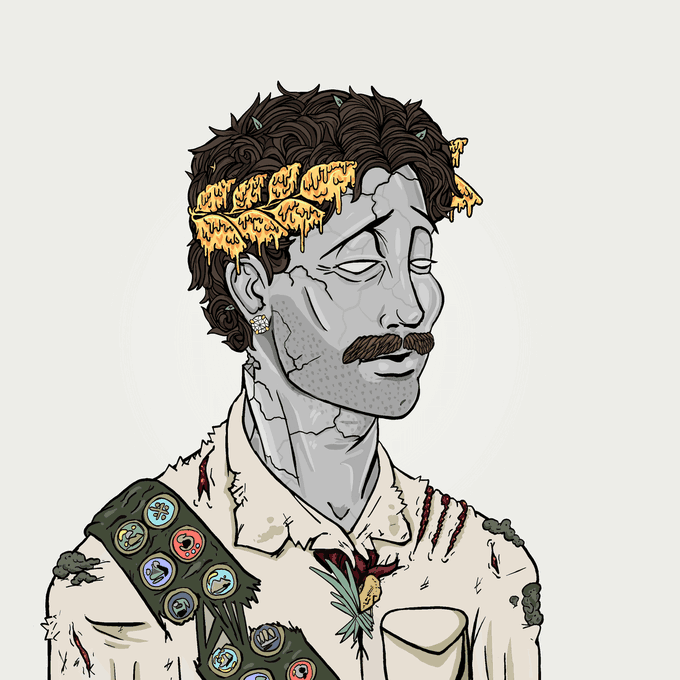 A digital illustration depicts a decaying figure with a stone-like cracked face, dark curly hair, and a melting golden crown, wearing a tattered shirt adorned with a sash of colorful badges and a small pine sprig—characteristic of the DeGods NFT collection. The accompanying post identifies this specific piece as DeGod #9141, currently ranked #7726 and listed for 4.82 S◎L ($513.32).
