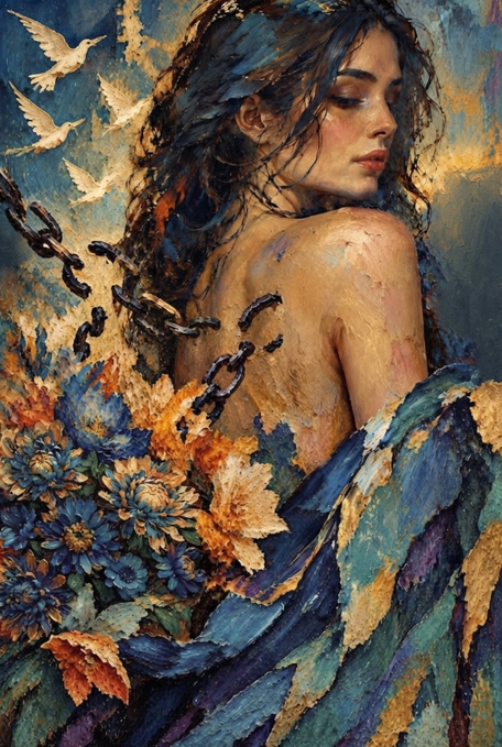 An impressionistic painting depicts a woman with dark hair surrounded by flying doves, broken chains, and vibrant autumn flowers in a textured, oil-paint style.