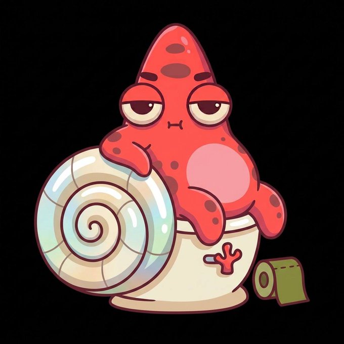 A cartoon illustration of a red starfish-like creature with a tired expression sitting on a white snail shell with an eyestalk, next to a roll of toilet paper.