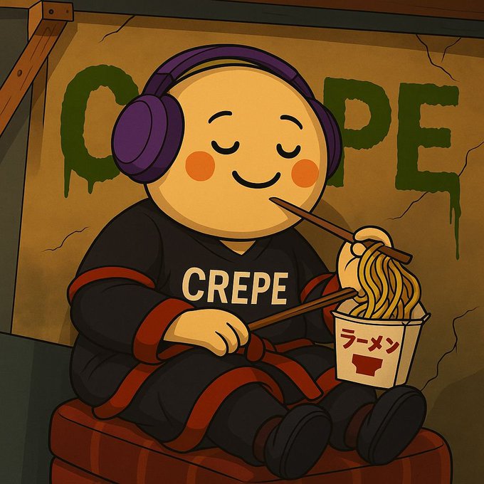 An anime-style cartoon depicts a cheerful round character wearing purple headphones and a black shirt reading 'CREPE', eating ramen from a cup with chopsticks while sitting against a backdrop with 'HOPE' written in green graffiti.
