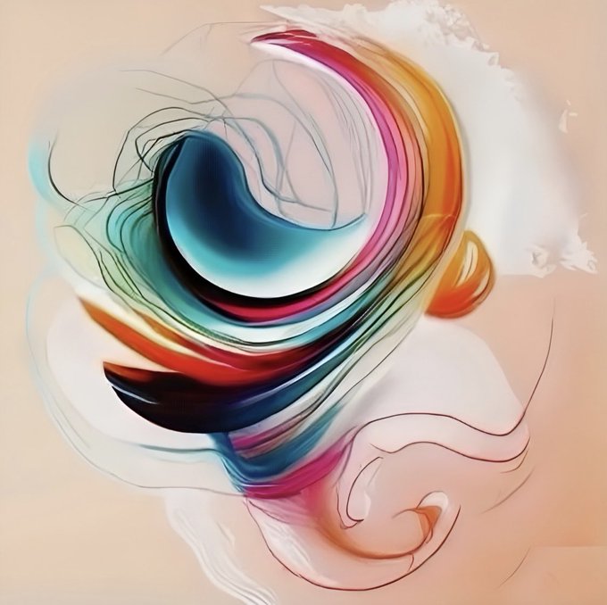 An abstract digital artwork featuring swirling colorful ribbons of blue, red, orange, and pink blending into a sketched human face on a beige background.