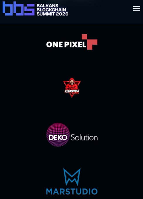 The image shows a website with a black background featuring logos of various companies such as "One pixel", "Decker Solution", "Mars Studio" and "balkansbs". The text at the bottom of the image reads, "Glad that I had the opportunity to be among Community Partners of @balkansbs definitely unforgettable Event as I can see from all the Videos, pictures, insights and Definitely conference I'll attend and speak on in 2027 @binance was the Title Sponsor".