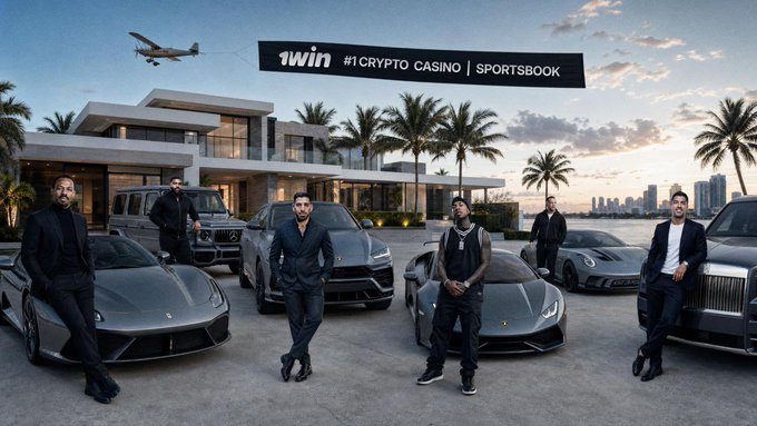 An advertisement for '1win #1 CRYPTO CASINO | SPORTSBOOK' featuring celebrities including Drake and rappers posed around luxury cars, a private jet, and a modern mansion.