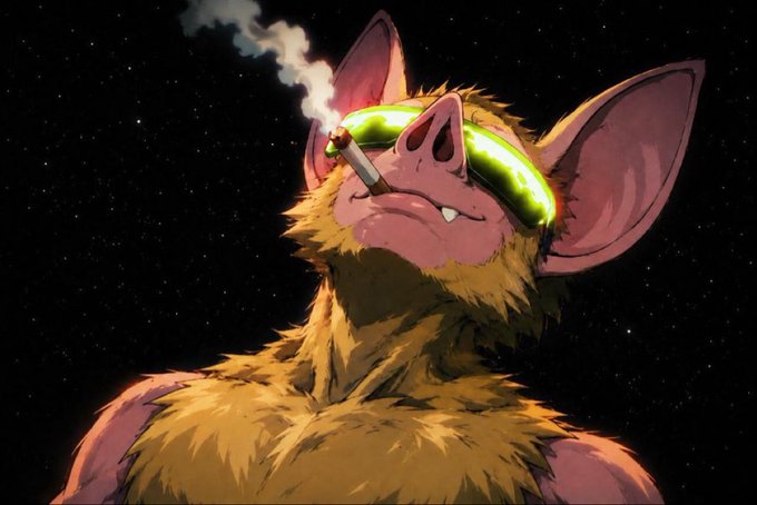 A digital illustration of a furry, bat-like creature with large green visor sunglasses smoking a lit cigarette against a starry night sky background.