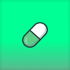 A simple illustration of a green and white capsule pill on a bright green background.
