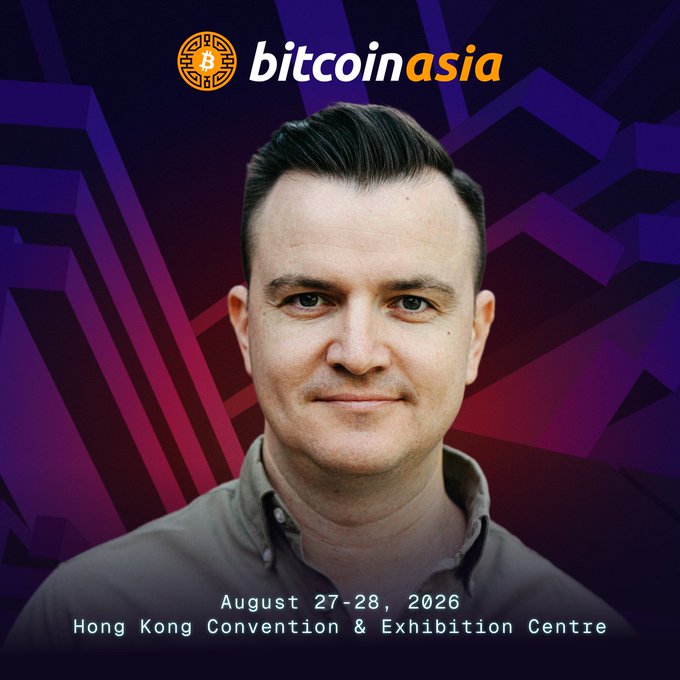 Promotional poster for Bitcoin Asia conference featuring a man's portrait, with text reading 'bitcoinasia', 'August 27-28, 2026', and 'Hong Kong Convention & Exhibition Centre'.