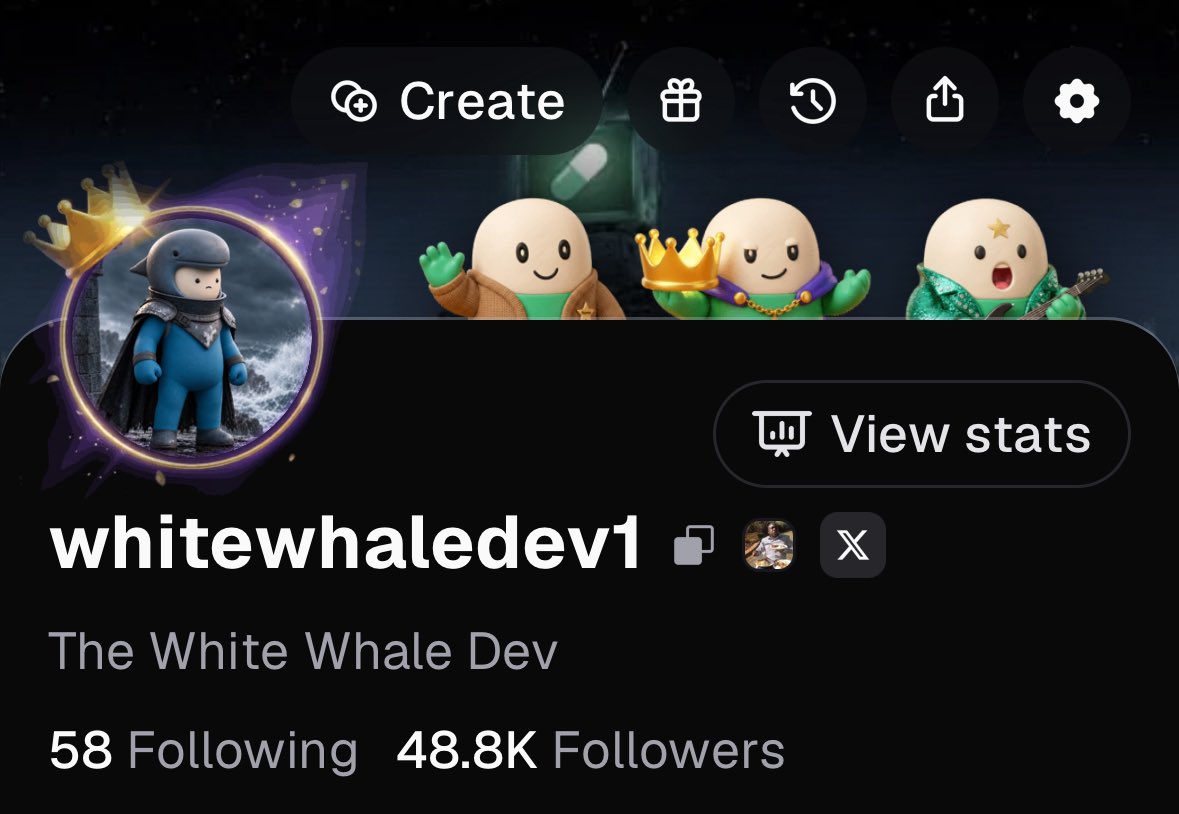 A Twitter/X profile page for "whitewhaledev1" (@whitewhaledev1) with the display name "The White Whale Dev," showing 48.8K followers, 58 following, and a "View stats" button, decorated with cartoon character avatars and a crowned profile image. The post highlights a dramatic one-month growth from 352 to 48,800 followers on the Pumpfun mobile app, with 5.7 million callout views and significant gains including a 303x and multiple 25-50x callouts.