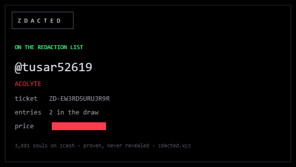 A dark webpage from ZDACTED showing entry details for user '@tusar52619' with a redacted price, labeled 'ON THE REDACTION LIST'.