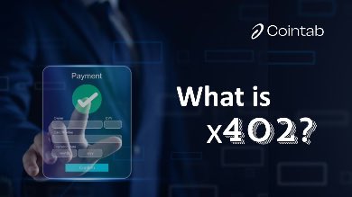 A dark promotional graphic for 'Cointab' featuring a hand holding a smartphone with a green checkmark on the screen, alongside the text 'What is x402?'