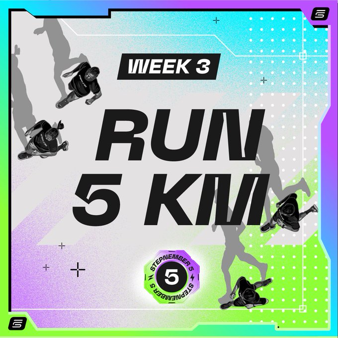 A vibrant graphic with neon gradients announcing 'WEEK 3 - RUN 5 KM' featuring silhouettes of runners and a 'STEPMEMBERS' badge with the number 5.