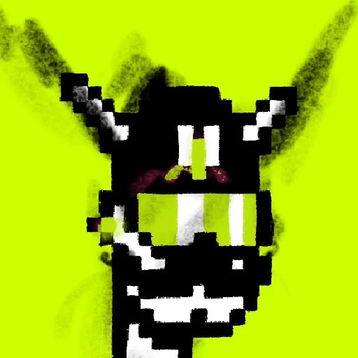 A glitchy, pixelated digital illustration of a horned creature with a wide, blocky mouth against a bright neon green background.