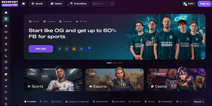 The image shows the Dexsport website homepage, featuring a promotional banner that reads "Start like OG and get up to 60% FB for sports" alongside an image of the esports team OG, with category tiles for Sports (3,166), Esports (415), and Casino (7.7K games) displayed below. This visual perfectly illustrates the post's introduction to Dexsport as a Web3 sports betting platform, highlighting its combination of sports betting, esports, and casino offerings.