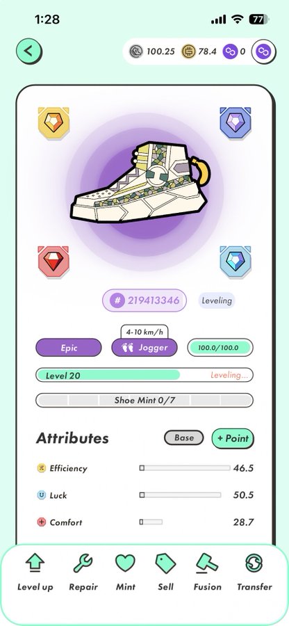 A mobile game app screenshot displaying a sneaker NFT or digital item with stats including '#219413346 Leveling', 'Level 20', 'Jogger 4-10 km/h', and attributes for Efficiency (46.5), Luck (50.5), and Comfort (28.7).